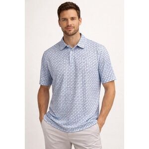 Mens M Short Sleeve Performance Polo Blue White‎ Geometric Print Stretch